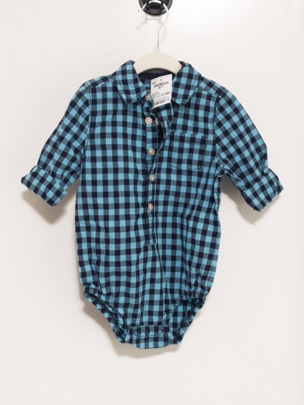 NWT OshKosh 12-18 Months Plaid Button Down Onesie Romper Check Blue Hipster Boy